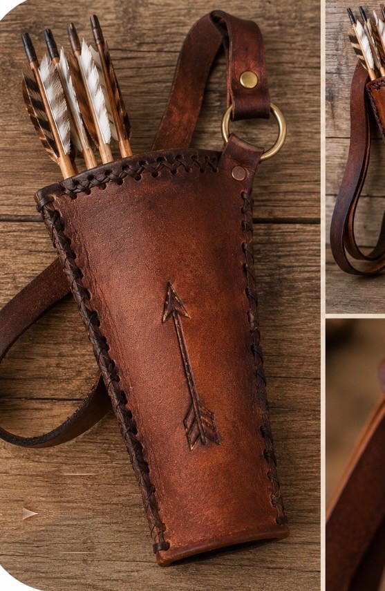 A handmade leather quiver with arrows, like the one kids will make in Leather Working Camp